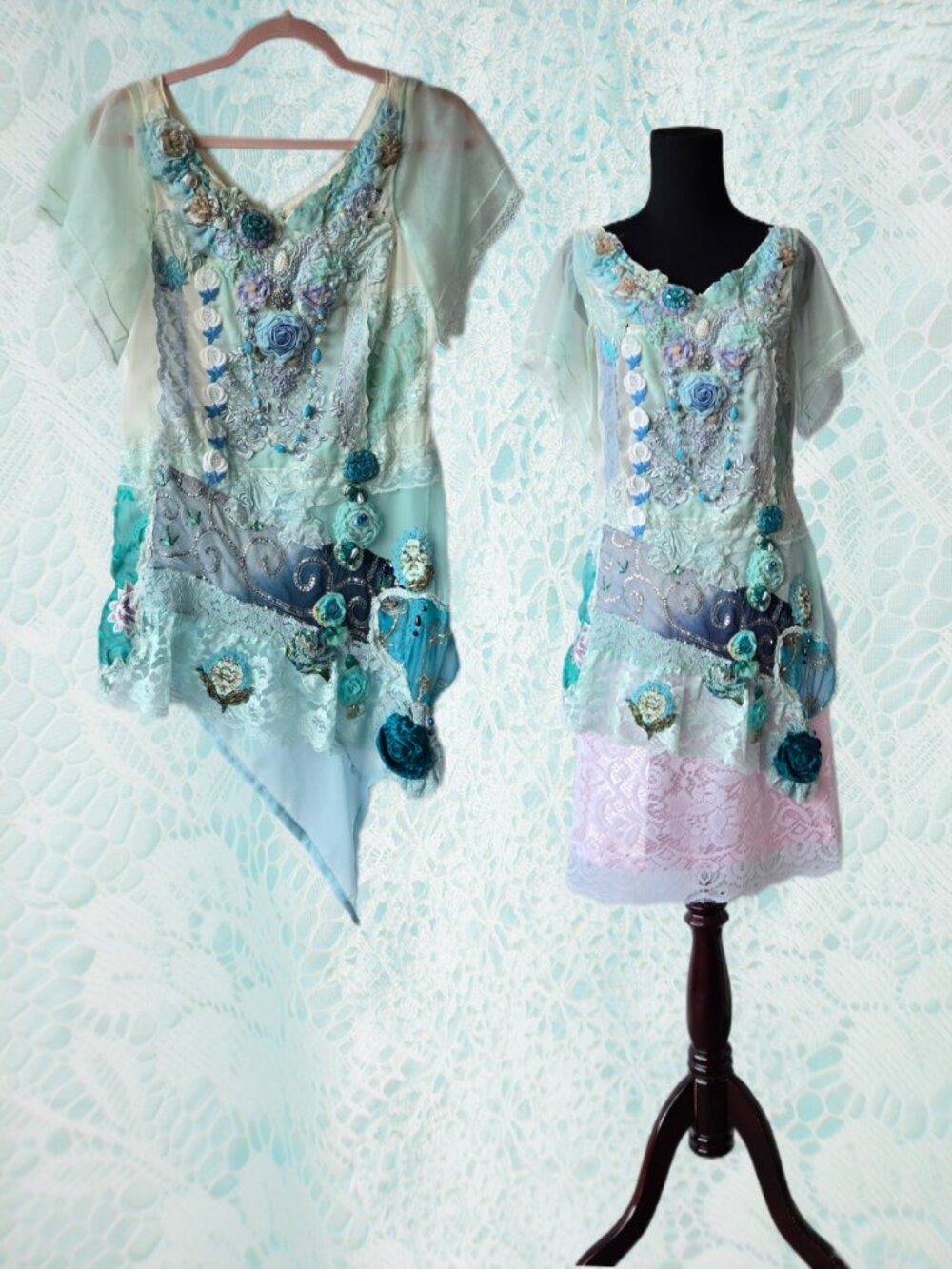 Handmade Blue & White Assymetrical Drop Waist Tunic Blouse Fairycore Art to Wear